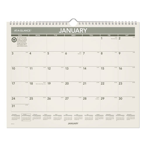 Recycled Wall Calendar, Unruled Blocks, 15 X 12, Sand/green Sheets, 12-month (jan To Dec): 2026