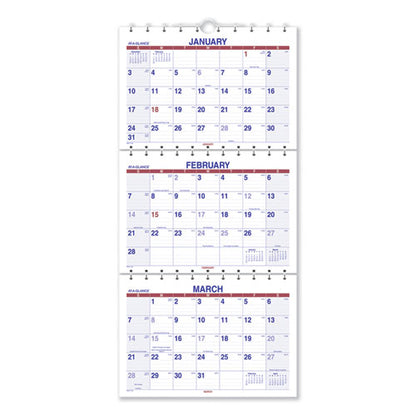 Move-a-page Three-month Wall Calendar, 12 X 27, White/red/blue Sheets, 15-month: Dec 2025 To Feb 2027