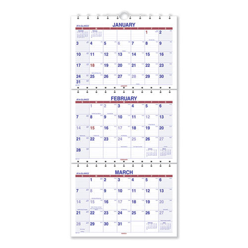 Move-a-page Three-month Wall Calendar, 12 X 27, White/red/blue Sheets, 15-month: Dec 2025 To Feb 2027