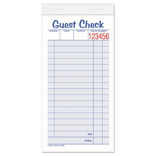 Multi-part Guest Check Pad, Two-part Carbonless, 3.38 X 6.38, 50 Forms Total