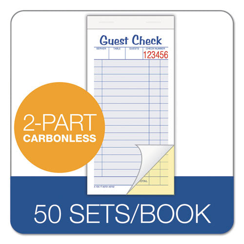 Multi-part Guest Check Pad, Two-part Carbonless, 3.38 X 6.38, 50 Forms Total