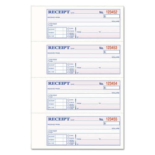Multipart Money/rent Receipt Book, Casebound (hard Cover), Three-part Carbonless, 7 X 2.75, 4 Forms/sheet, 200 Forms Total