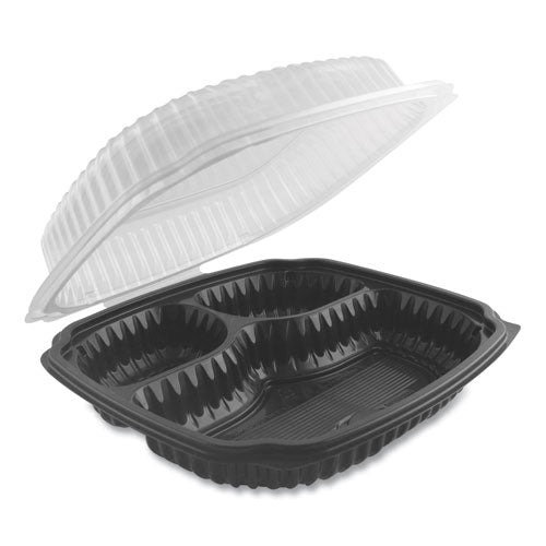 Culinary Lites Microwavable 3-compartment Container, 20 Oz/5 Oz/5 Oz, 9 X 9 X 3.13, Clear/black, Plastic, 100/carton