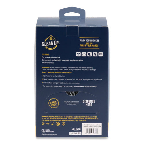 Screendr Multipurpose Tech Cleaning Wipes, 7 X 4, Unscented, White, 200/pack