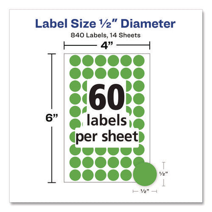 Handwrite Only Self-adhesive Removable Round Color-coding Labels, 0.5" Dia, Neon Green, 60/sheet, 14 Sheets/pack, (5052)
