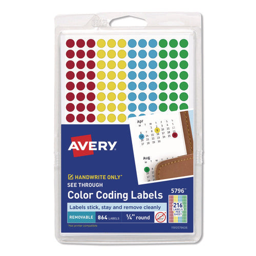 Handwrite-only Self-adhesive "see Through" Removable Round Color Dots, 0.25" Dia, Assorted, 216/sheet, 4 Sheets/pack, (5796)