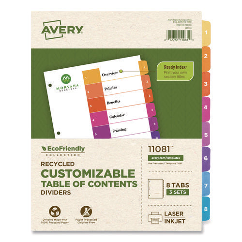 Customizable Table Of Contents Ready Index Dividers With Multicolor Tabs, 8-tab, 1 To 8, 11 X 8.5, White, 3 Sets