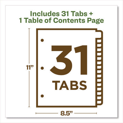 Customizable Table Of Contents Ready Index Dividers With Multicolor Tabs, 31-tab, 1 To 31, 11 X 8.5, White, 1 Set
