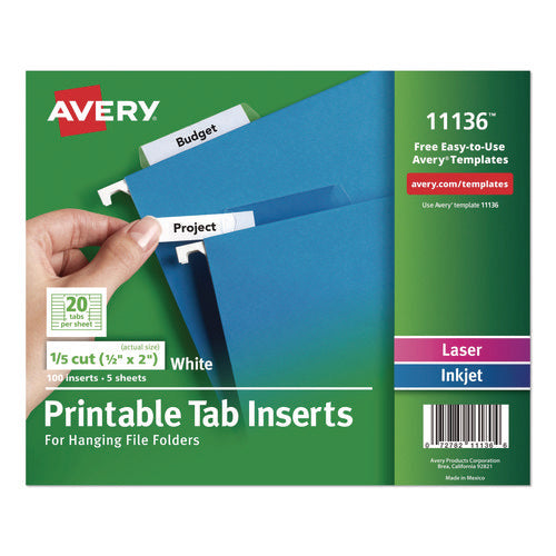 Tabs Inserts For Hanging File Folders, 1/5-cut, White, 2" Wide, 100/pack