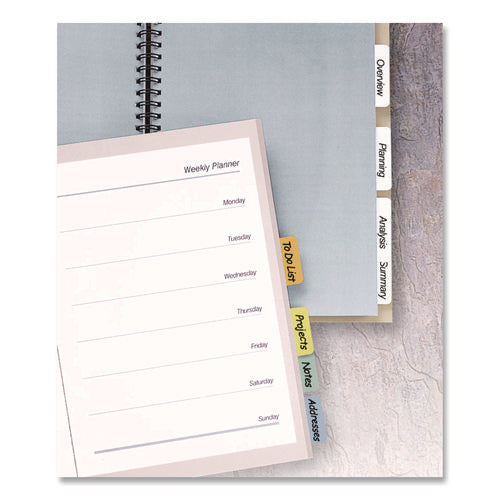 Printable Plastic Tabs With Repositionable Adhesive, 1/5-cut, Assorted Colors, 1.25" Wide, 96/pack