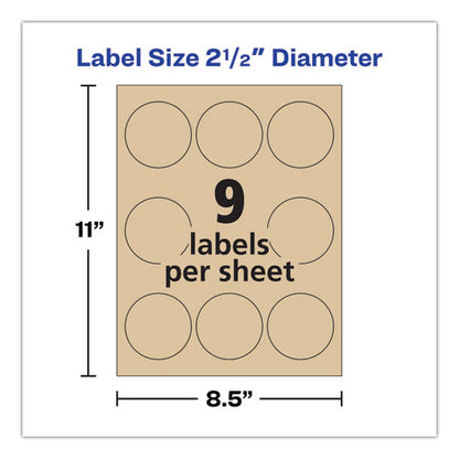 Round Brown Kraft Print-to-the-edge Labels, 2.5" Dia, 225/pk