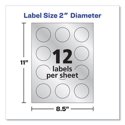 Round Labels, Inkjet Printers, 2" Dia, Silver, 12/sheet, 8 Sheets/pack