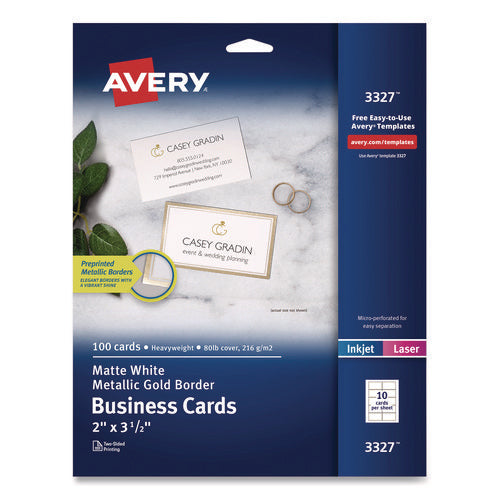 Business Cards With Metallic Gold Borders, Inkjet/laser, 2 X 3.5, White, 10 Cards/sheet, 10 Sheets/pack