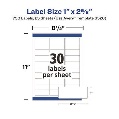 Glossy White Easy Peel Mailing Labels W/ Sure Feed Technology, Laser Printers, 1 X 2.63, White, 30/sheet, 25 Sheets/pack