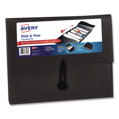 Slide And View Expanding File, 5 Sections, Cord/hook Closure, Letter Size, Black