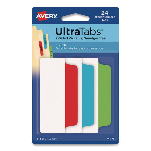 Ultra Tabs Repositionable Tabs, Wide And Slim: 3" X 1.5", 1/3-cut, Assorted Colors, 24/pack