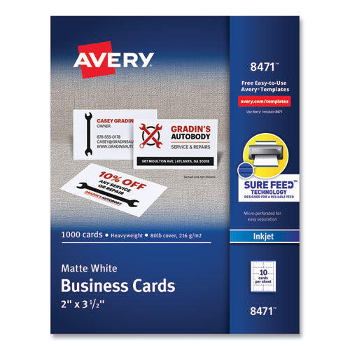 Printable Microperforated Business Cards With Sure Feed Technology, Inkjet, 2 X 3.5, White, 10/sheet, 100 Sheets/bx