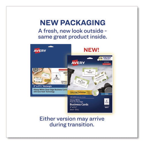 Print To The Edge Business Cards With Sure Feed Technology, 2 X 3.5, White, 8/sheet, 20 Sheets/pack