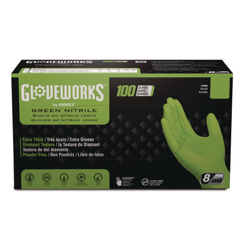 Heavy-duty Industrial Nitrile Gloves, Powder-free, Medium, 8 Mil Thick, 9.5" Long, Green, 100/box, 10 Boxes/carton