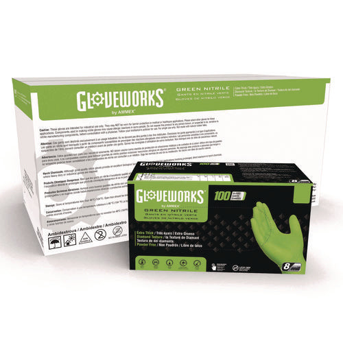 Heavy-duty Industrial Nitrile Gloves, Powder-free, Medium, 8 Mil Thick, 9.5" Long, Green, 100/box, 10 Boxes/carton