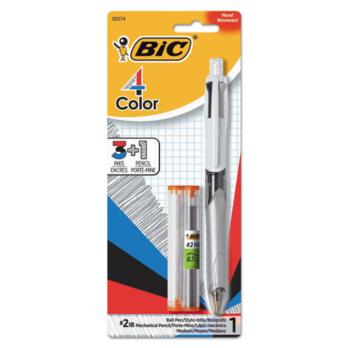 4-color 3 + 1 Ballpoint Pen/pencil, Retractable, Medium 1 Mm Pen/0.7 Mm Pencil, Black/blue/red Ink, Gray/white Barrel