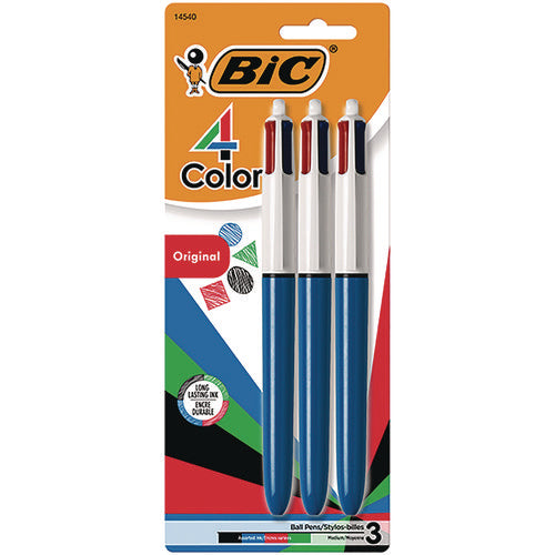 4-color Ballpoint Pen, Retractable, Medium 1 Mm, Black/blue/green/red Ink Colors, Randomly Assorted Barrel Colors, 3/pk