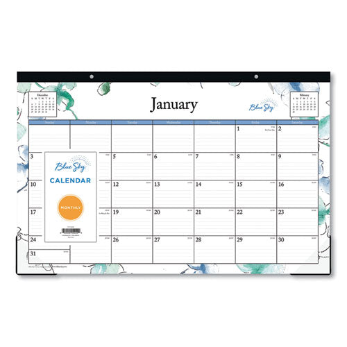 Lindley Desk Pad, Floral Artwork, 17 X 11, White/blue/green Sheets, Black Binding, Clear Corners, 12-month (jan To Dec): 2026
