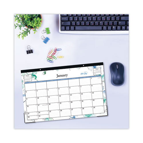 Lindley Desk Pad, Floral Artwork, 17 X 11, White/blue/green Sheets, Black Binding, Clear Corners, 12-month (jan To Dec): 2026