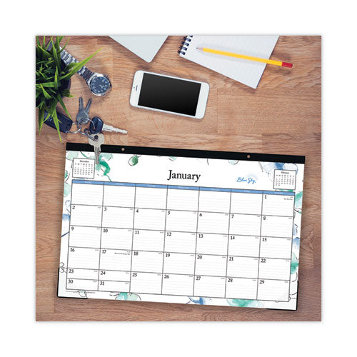 Lindley Desk Pad, Floral Artwork, 17 X 11, White/blue/green Sheets, Black Binding, Clear Corners, 12-month (jan To Dec): 2026