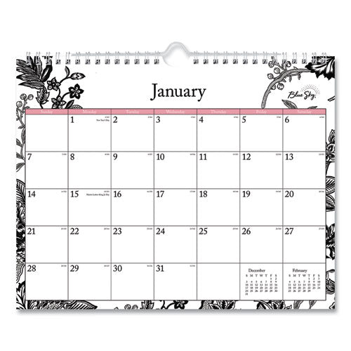 Analeis Wall Calendar, Floral Artwork, 11 X 8.75, White/black/coral Sheets, 12-month (jan To Dec): 2026