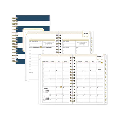 Day Designer Navy Stripe Daily/monthly Planner, Horizontal Stripe Artwork, 8 X 5, Navy/white Cover, 12-month (jan-dec): 2026