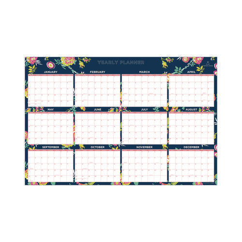 Day Designer Peyton Laminated Erasable Wall Calendar, Floral Artwork, 36 X 24, White/navy Sheets, 12-month (jan To Dec): 2026