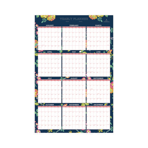 Day Designer Peyton Laminated Erasable Wall Calendar, Floral Artwork, 36 X 24, White/navy Sheets, 12-month (jan To Dec): 2026