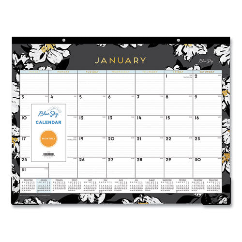 Baccara Dark Desk Pad, Floral Artwork, 22 X 17, White/black/gold Sheets, Black Binding, 12-month (jan To Dec): 2026