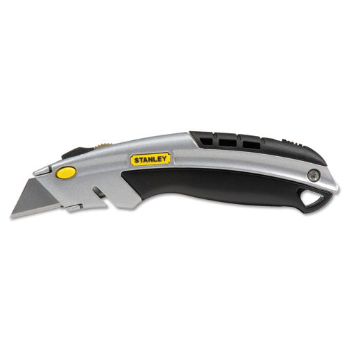 Curved Quick-change Utility Knife, Stainless Steel Retractable Blade, 3 Blades, 6.63" Metal Handle, Black/chrome