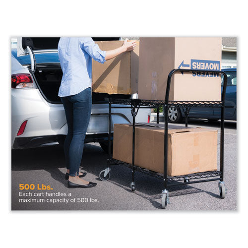 Stowaway Folding Carts, Metal, Large Cart, 2 Shelves, 500 Lb Capacity, 35" X 37.25" X 22", Black