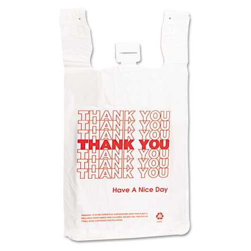 Plastic Thank-you T-sack, Thank You - Have A Nice Day Labeling, Cut-out Handles, 4" X 6" X 15", White/red, 2,000/carton