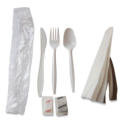 Mediumweight Cutlery Kit, Fork/knife/napkin/pepper/salt/spoon, Plastic, White, 250/carton