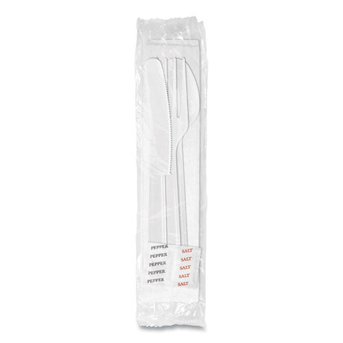 Medium Heavyweight Cutlery Kit, Fork/knife/napkin/pepper/salt/spoon, Plastic, White, 250/carton