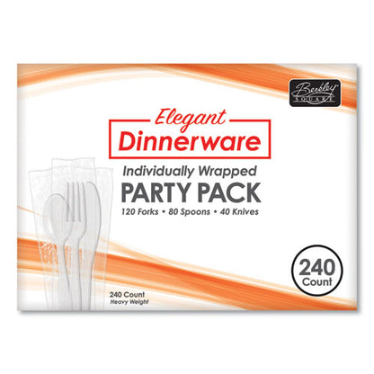 Elegant Dinnerware Heavyweight Cutlery Assortment, Heavyweight, (120) Forks/(80) Spoons/(40) Knives, Plastic, White, 240/box