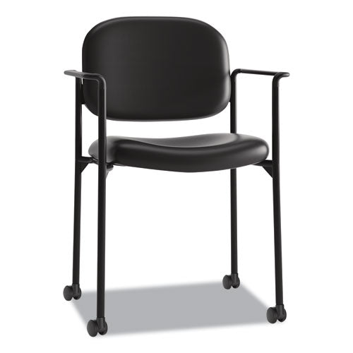 Vl616 Stacking Guest Chair With Arms, Bonded Leather Upholstery, 23.25" X 21" X 32.75", Black Seat, Black Back, Black Base