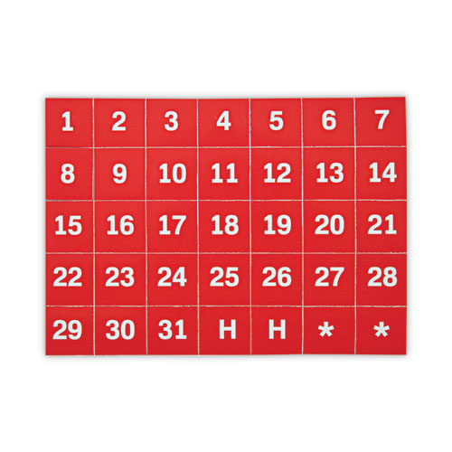 Heavy-duty Board Magnet Labels, Calendar Dates (1-31), 1" Tall, White Characters, Red Background, 35/pack