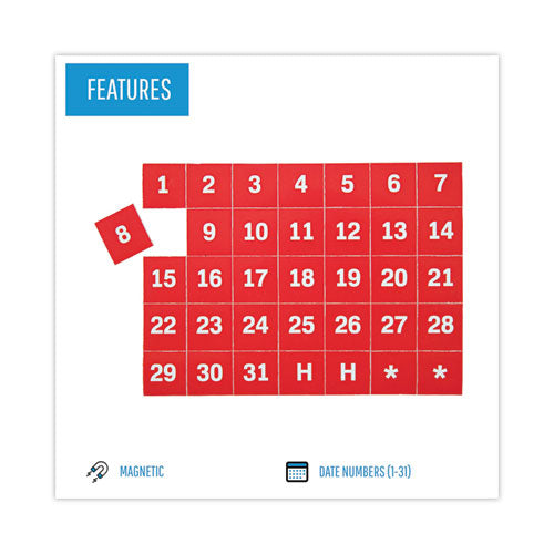 Heavy-duty Board Magnet Labels, Calendar Dates (1-31), 1" Tall, White Characters, Red Background, 35/pack