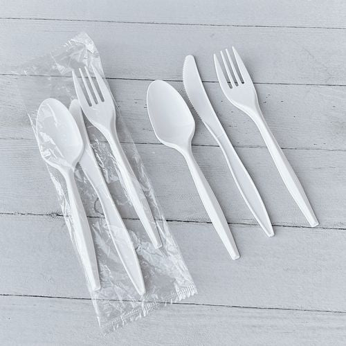 Three-piece Cutlery Kit, Mediumweight, Fork/knife/spoon, 6.97", Plastic, White, 250/carton