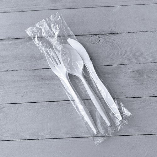 Three-piece Cutlery Kit, Mediumweight, Fork/knife/spoon, 6.97", Plastic, White, 250/carton