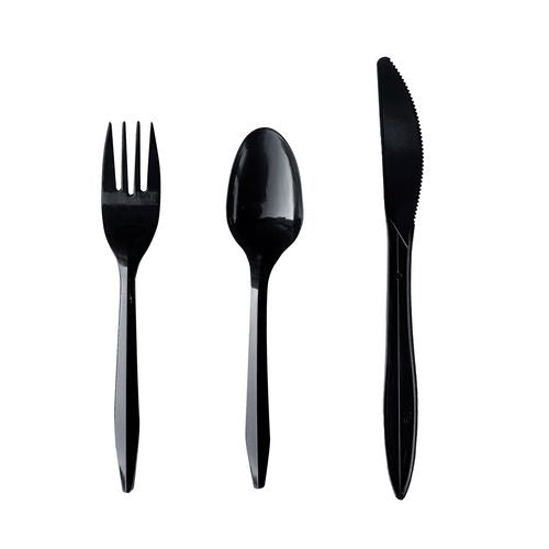 Three-piece Polypropylene Cutlery Kit, Mediumweight, Fork/knife/spoon, Plastic, Black, 250/carton