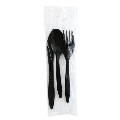 Three-piece Polystyrene Cutlery Kit, Mediumweight, Fork/knife/spoon, Plastic, Black, 250/carton