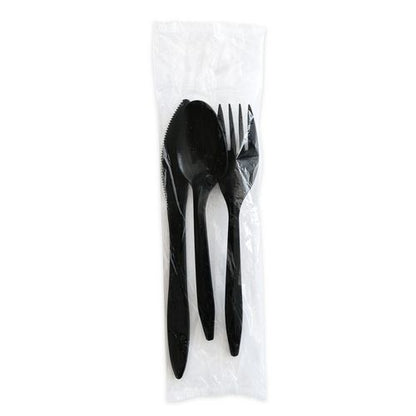 Three-piece Polystyrene Cutlery Kit, Mediumweight, Fork/knife/spoon, Plastic, Black, 250/carton
