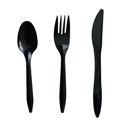 Three-piece Polystyrene Cutlery Kit, Mediumweight, Fork/knife/spoon, Plastic, Black, 250/carton