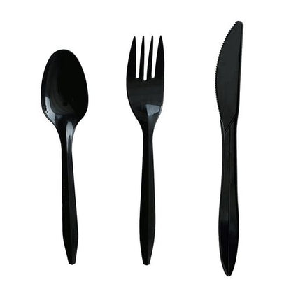 Three-piece Polystyrene Cutlery Kit, Mediumweight, Fork/knife/spoon, Plastic, Black, 250/carton